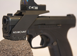 Pictured is a Caracal Compact, with a Straight Side Mount, Black CeraKote finish with a C-More STS Sight System installed.